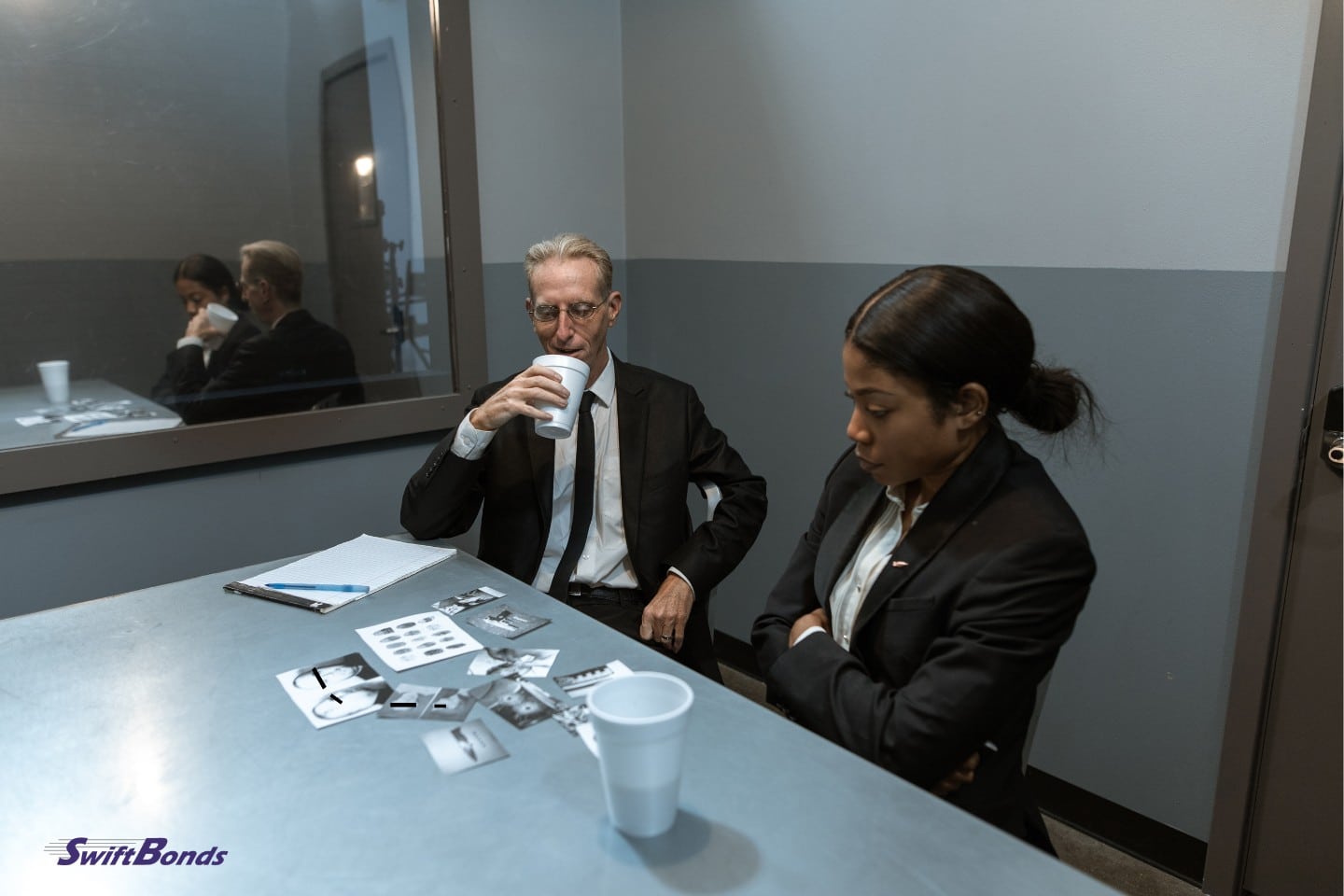 People in black suits are examining a case.