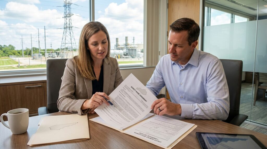 - Business owner reviewing a Kentucky Utility Deposit Bond agreement with a financial professional near electric utility infrastructure.