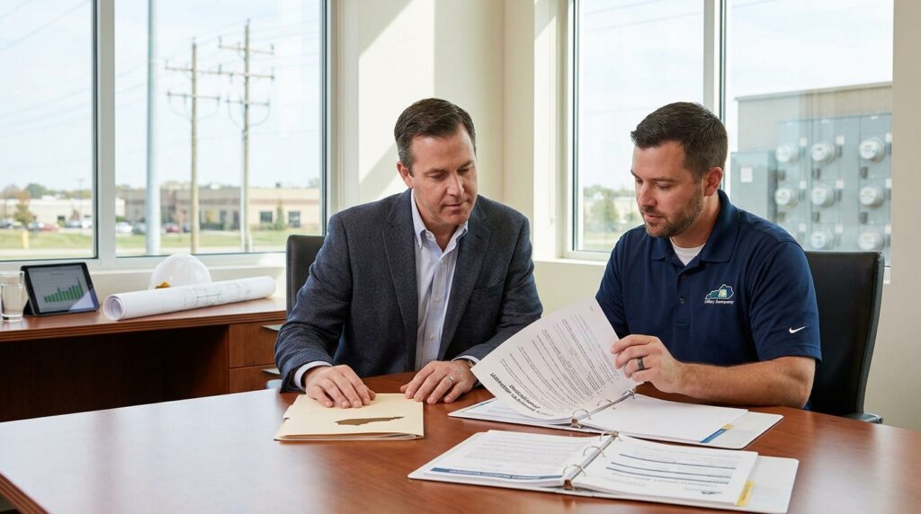Kentucky Utility Deposit Bond consultation between a business customer and utility representative reviewing service and surety bond documents.