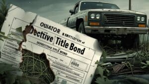 Visual showing a weathered defective title bond document near an abandoned truck, illustrating the risks of unresolved vehicle title issues.