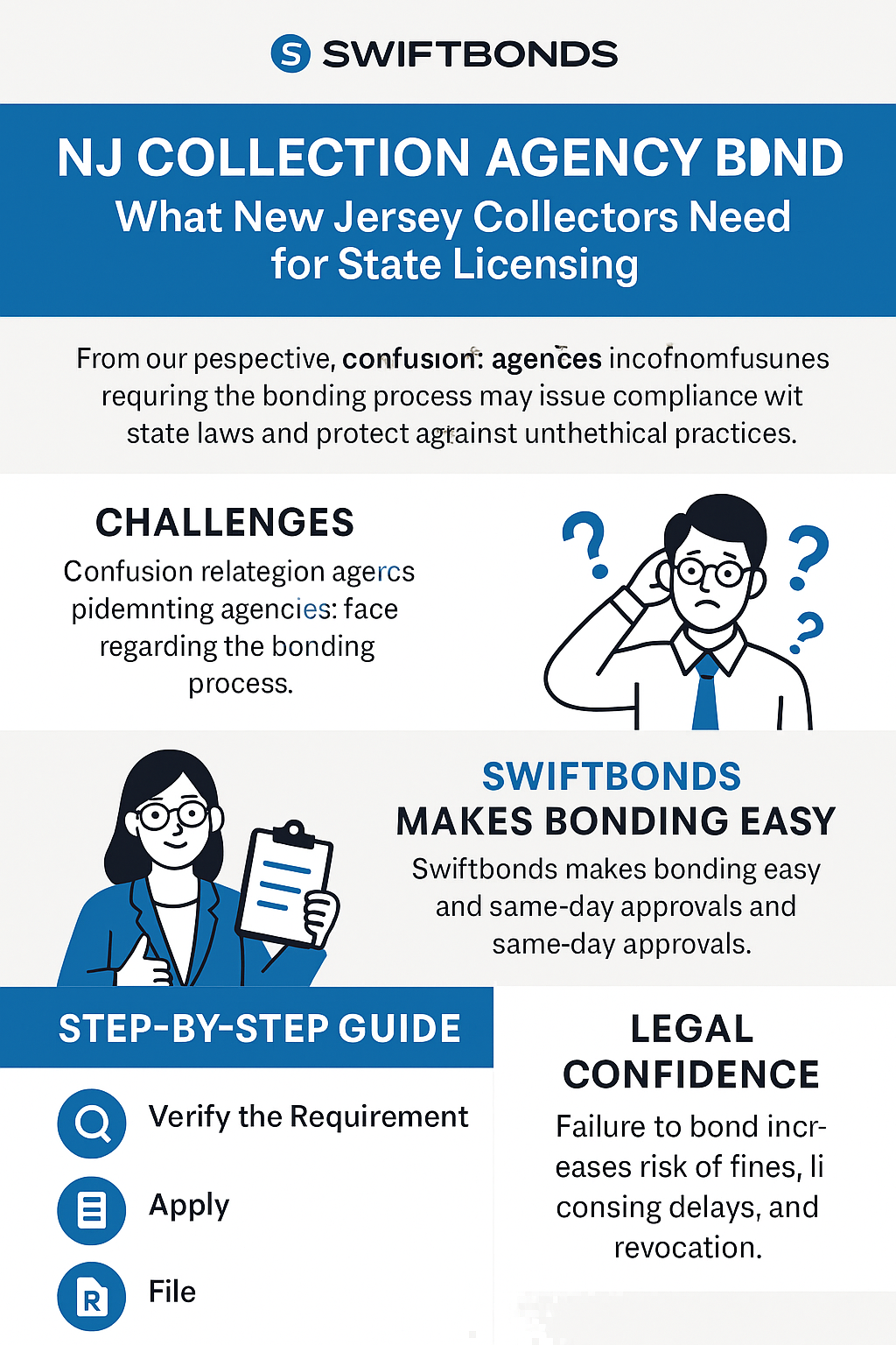 Swiftbonds infographic explaining the NJ Collection Agency Bond process, including challenges, a simplified step-by-step guide, and benefits of working with Swiftbonds for fast licensing and legal compliance in New Jersey.