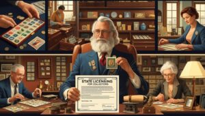 Montage of licensed stamp and coin collectors in a formal office setting with certificates and antique collectibles, symbolizing the regulatory requirements and professionalism expected in New Jersey collection agencies.