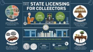 Infographic illustrating the state licensing process for collectors in New Jersey, featuring visuals of stamps, coins, and collectible antiques alongside statistics about collector compliance and licensing trends.