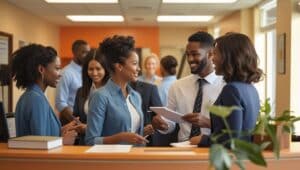 Employment agency professionals greeting clients and reviewing documents in a welcoming office environment.