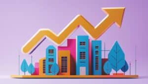 Colorful graphic of rising growth in buildings and trees with a yellow arrow, illustrating business progress after securing a title bond for vehicles.