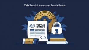 Illustration of title bonds and permit documents with a gold seal, padlock, and shield icon representing security and legal compliance for vehicle title issues."