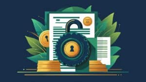 Visual representation of legal documents and a secure lock surrounded by green foliage, symbolizing bonded titles for vehicles with lost or defective ownership papers.