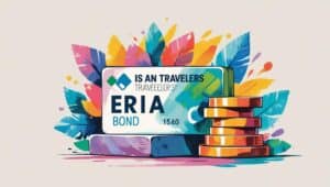 Vibrant illustration of an ERISA bond card surrounded by colorful tropical leaves and stacked coins symbolizing financial protection and compliance.