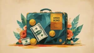 Travel suitcase labeled ERISA Bond decorated with gold coins, dollar bills, and flowers representing retirement plan security and fiduciary compliance.