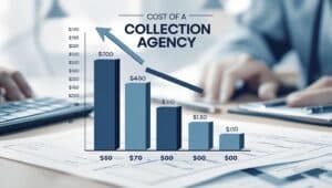 Bar chart visualizing the cost of starting a collection agency, with financial data labels and professionals using calculators in the background.