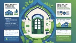 Illustration of a home with infographic text on defective title bonds, including examples, benefits, and key use cases like missing documents and restoration projects.