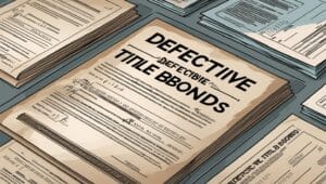Stack of official documents labeled ‘Defective Title Bonds’ used for securing ownership when vehicle title documents are missing or flawed.