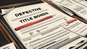 Close-up of defective title bond forms on a desk, highlighting redacted lines and fields used in vehicle title recovery processes.