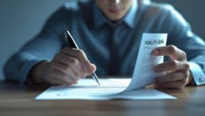 Entrepreneur in a suit carefully reviewing a fidelity bond certificate in an office.