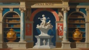 Artistic illustration of ERISA bond represented in a classical legal setting with a marble statue, law books, and ornate golden urns conveying authority and compliance.