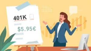 Businesswoman explaining 401k coverage details with financial growth charts behind her.