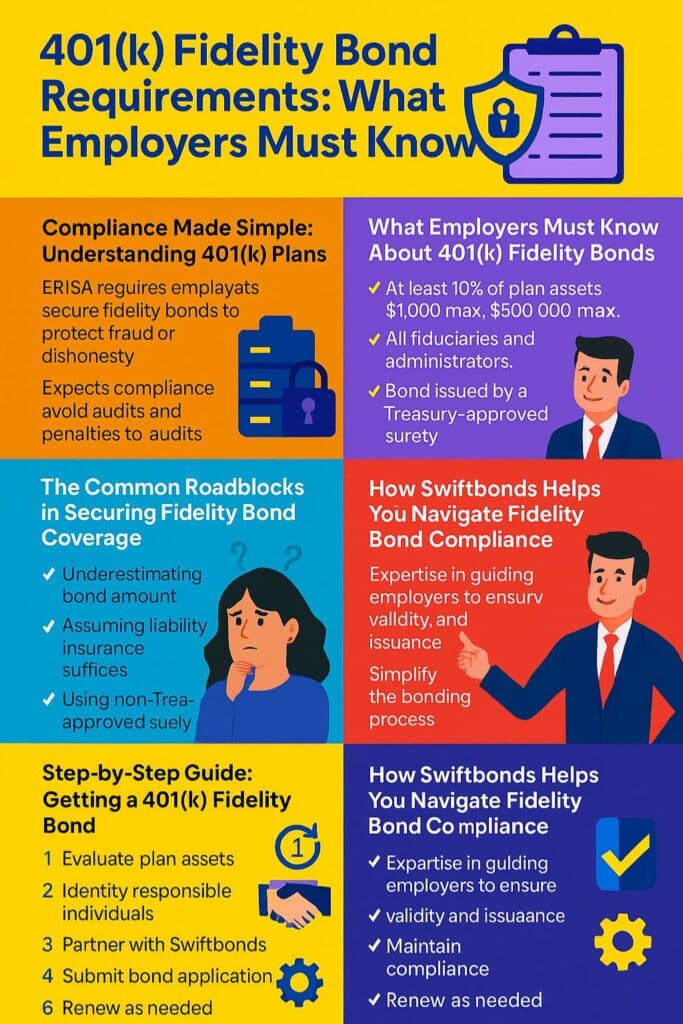 A colorful infographic explaining 401k fidelity bond requirements, compliance rules, employer obligations, and step-by-step bonding guidance.
