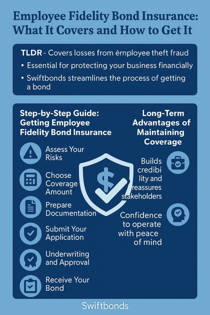 Infographic explaining employee fidelity bond insurance, covering theft protection, business security, and the benefits of maintaining coverage.