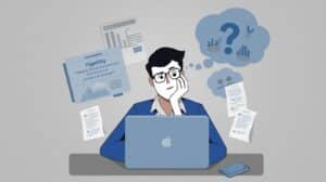 Cartoon-style image of a professional at a laptop surrounded by papers, analyzing how much fidelity bond coverage is enough.