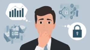 Illustration of a businessman evaluating financial graphs and security icons, symbolizing decisions about fidelity bond coverage requirement.