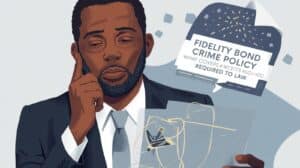 Illustration of a professional analyzing documents about what a fidelity bond crime policy covers and when it is legally required.