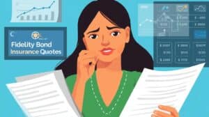 A woman looking stressed while comparing fidelity bond insurance quotes with financial charts in the background.