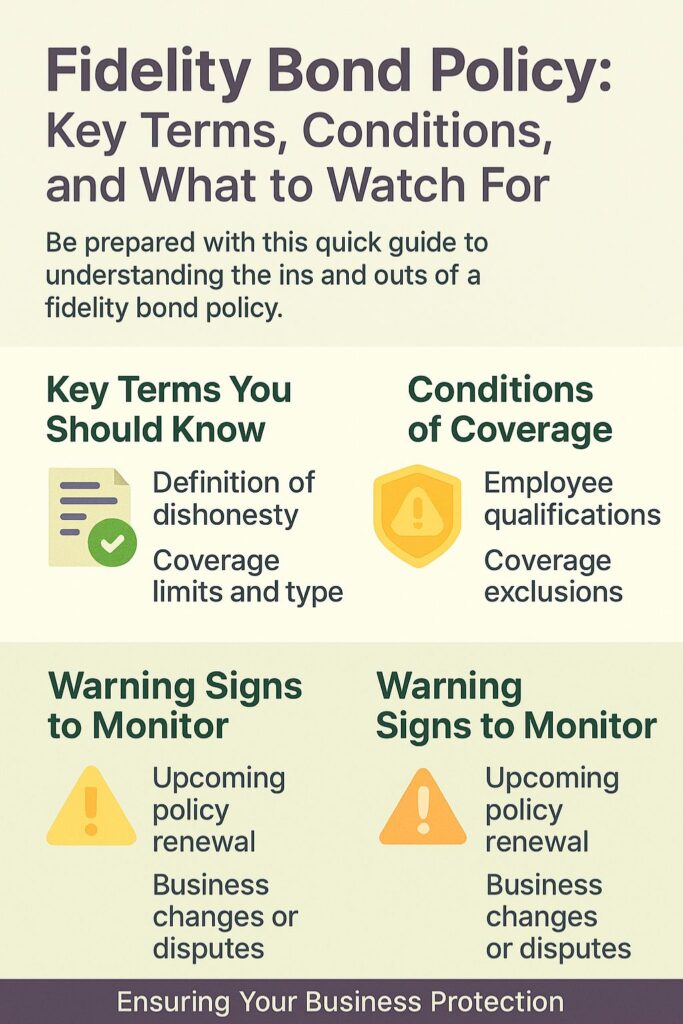 Infographic explaining fidelity bond policy with key terms, coverage conditions, and warning signs businesses should monitor.