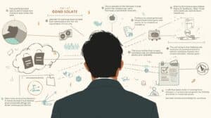 Illustration of a businessman reviewing fidelity bond policy details, including exclusions, compliance requirements, and industry regulations.