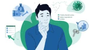 Vector graphic of a business professional analyzing fidelity bond details, with icons representing financial protection, security, and compliance.