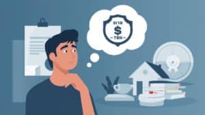 Real estate agent considering escrow fund protection with a fidelity bond, illustrated with compliance paperwork and a shield icon.
