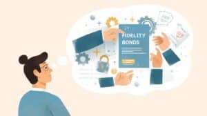 Business professional reviewing fidelity bond documents and security locks, symbolizing escrow and trust fund protection.