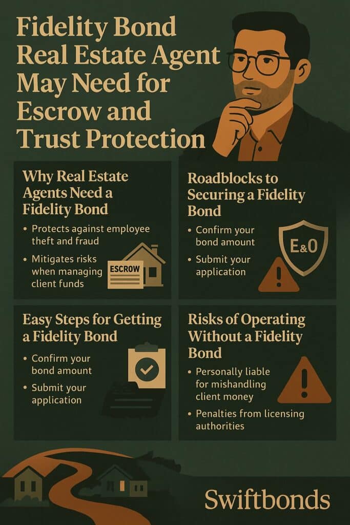 Swiftbonds infographic explaining why real estate agents need a fidelity bond for escrow and trust protection, featuring risks, steps, and compliance tips.