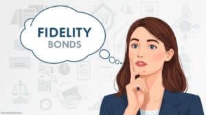 Illustration of a thoughtful businesswoman with a speech bubble reading fidelity bonds, representing awareness of state bonding laws.