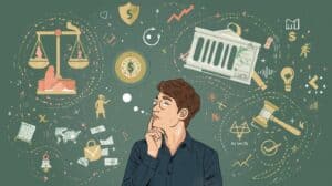 Illustration of a man thinking with scales of justice, courthouse, and financial icons representing compliance and fiduciary obligations for 401k plans.