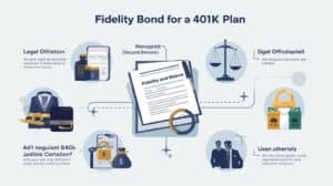 nfographic showing a central fidelity bond document surrounded by icons for legal compliance, security locks, and management for 401k fiduciary coverage.
