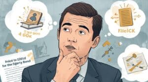 Businessman contemplating 401k plan bond compliance with icons of books, legal documents, and gavels symbolizing fiduciary responsibility.