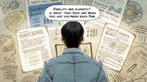 Business owner reviewing fidelity and surety bond documents to understand compliance requirements.