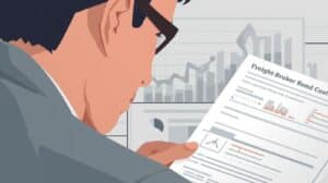 Business professional reviewing freight broker bond cost analysis with financial charts and graphs