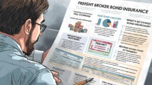 A person reading a detailed printed guide on freight broker bond insurance covering providers, costs, and coverage benefits.