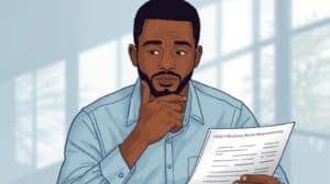 Illustration of a thoughtful man reading HOA fidelity bond requirements paperwork.
