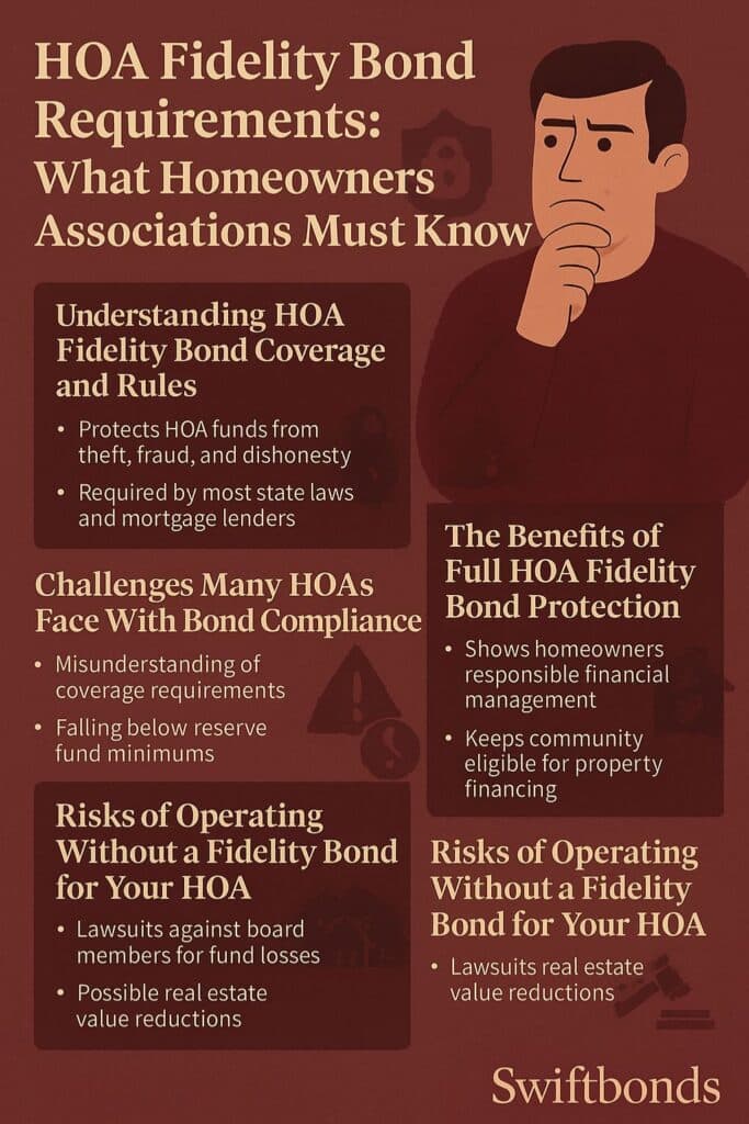 Infographic explaining HOA fidelity bond requirements, coverage rules, compliance challenges, benefits, and risks.