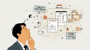Concept art of a man visualizing HOA management documents and fidelity bond compliance workflow.