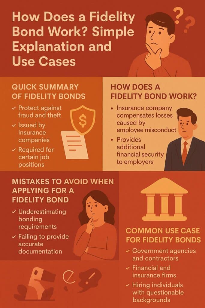 A detailed infographic explaining fidelity bonds, including how they protect against fraud and theft, how they work through insurance companies, mistakes to avoid, and common use cases in government agencies, financial firms, and hiring practices.
