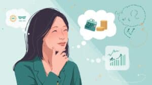 Illustration of a woman considering financial options such as savings, gold coins, and rising stock charts, representing financial planning and protection with fidelity bonds.