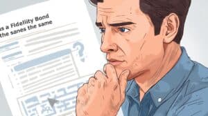 Illustration of a professional man reviewing a document comparing fidelity bonds and crime policies.