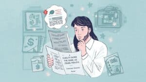 Person reading a guide titled "Is a Fidelity Bond the Same as a Crime Policy?" surrounded by financial icons and compliance documents.