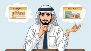 Businessman weighing the differences between a fidelity bond and a crime policy, shown with comparison graphics.