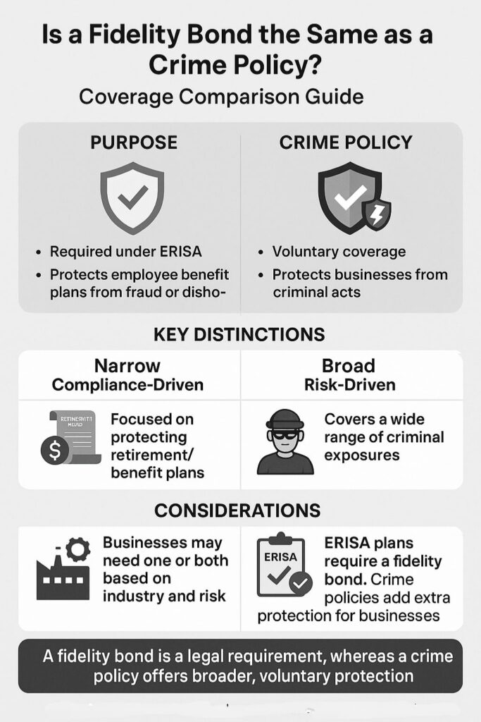 Infographic explaining fidelity bond vs crime policy coverage, purposes, distinctions, and considerations for businesses.