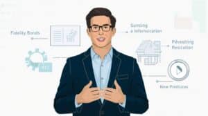 Professional advisor explaining fidelity bonds and surety bonds with visual icons representing investment, security, and compliance.