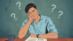 llustration of a business owner confused about fidelity bonds and surety bonds, highlighting the importance of understanding key differences.